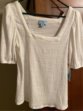 CeCe Ivory Square-Neck Textured Puff-Sleeve Top